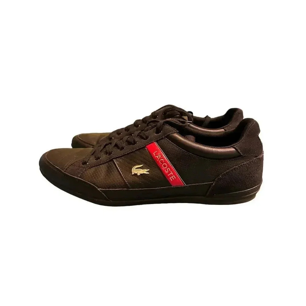 Lacoste Men's Black Sneakers with Red Stripe Size 12 - Narrow Fit